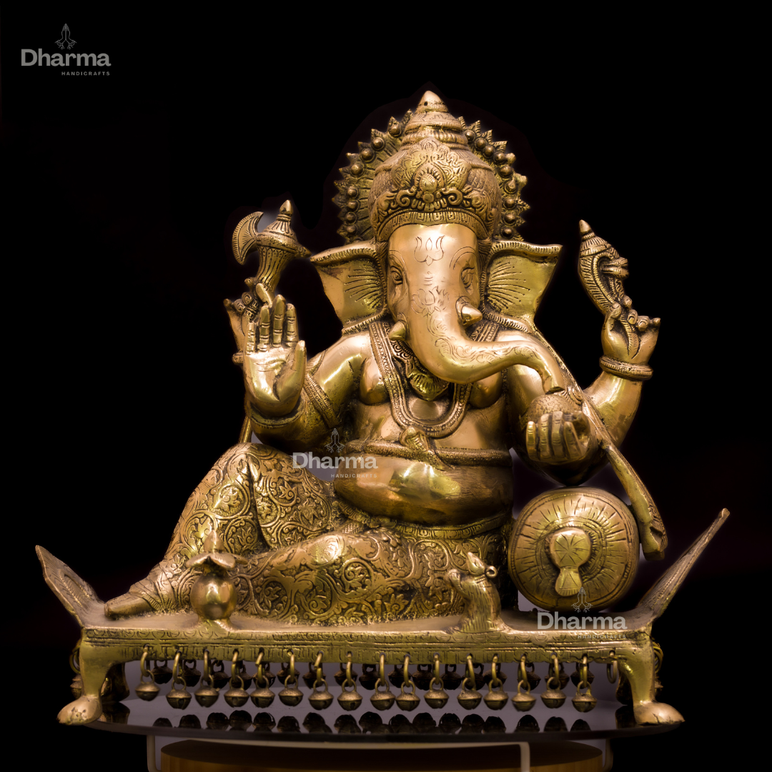 Buy online from U.S Bronze Lord Ganesha statue idol murti seated on beach with bells for home. 