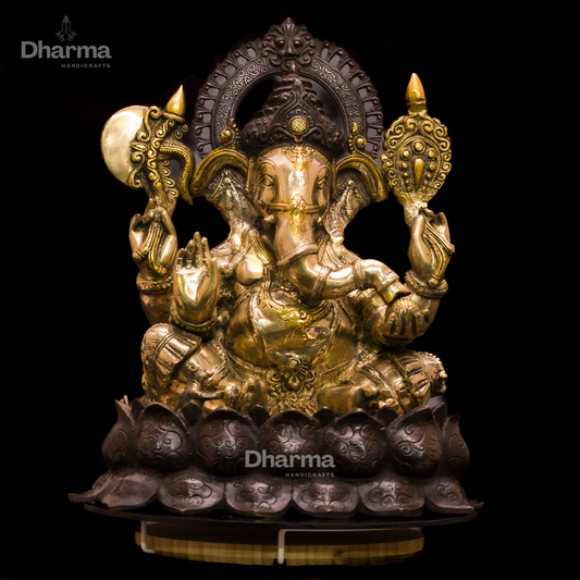 Lord Ganesha Seated Bronze Idol on Lotus with Wood Finish