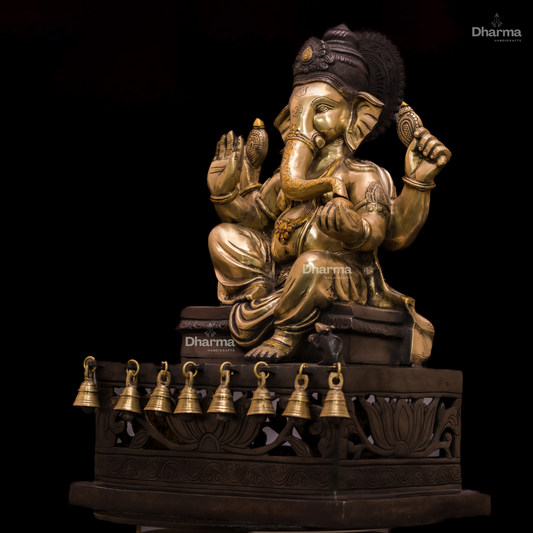 Lord Ganesha Seated Bronze Idol with Traditional Bells and Wood Finish